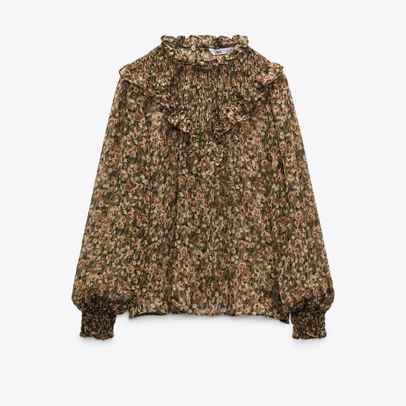 NWT ZARA METALLIC THREAD PRINTED BLOUSE Smocked  Ruffle - Picture 6 of 13